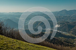 Wide panoramic view from Malic takeoff point, close to Smohor overlooking the city of Lasko in Slovenia on a nice evening