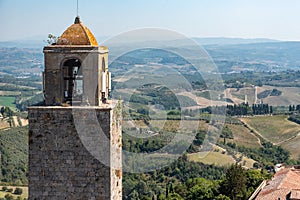 Wide panoramic view over downtown San Gimignano and Torre Rognosa, seen from Torre Grosso