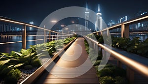 Wide pedestrian metal bridge with good lighting of the path at night, night city scenes,