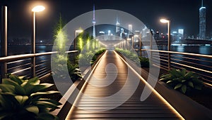 Wide pedestrian metal bridge with good lighting of the path at night, night city scenes,