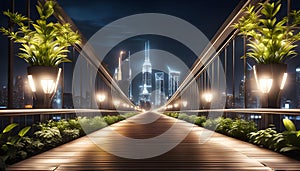 Wide pedestrian metal bridge with good lighting of the path at night, night city scenes,