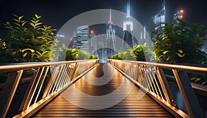 Wide pedestrian metal bridge with good lighting of the path at night, night city scenes,