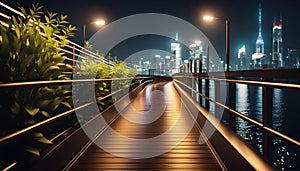 Wide pedestrian metal bridge with good lighting of the path at night, night city scenes,