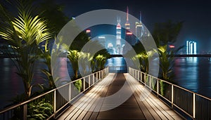 Wide pedestrian metal bridge with good lighting of the path at night, night city scenes,