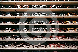 Wide range of glasses displayed in eyeglasses shop