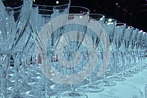 Wide raws of crystal flute glasses