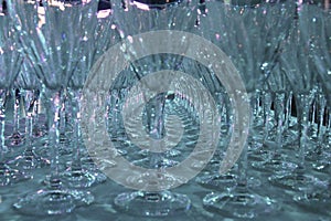 Wide raws of crystal flute glasses