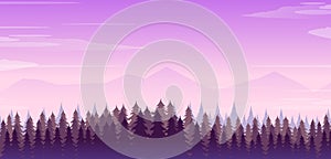 Wide realistic illustration of mountain landscape with forest and trees. Purple night sky