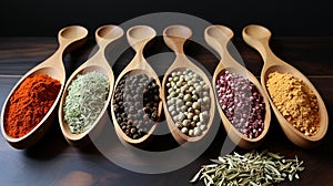 Wide realistic wallpaper photograph of colorful herbal spice powders in wooden spoons