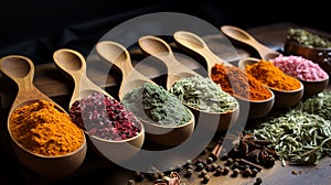 Wide realistic web banner photograph of Indian spices in wooden spoons