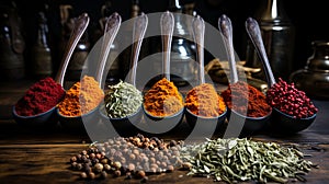 Wide realistic web banner photograph of Sri Lankan spices in wooden spoons