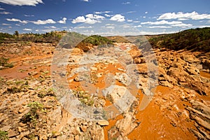 Wide river bed Betsiboka, flushes red soil after heavy rains in Madagascar