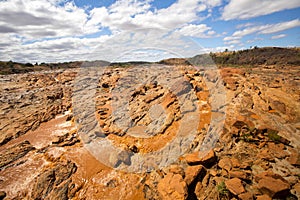 Wide river bed Betsiboka, flushes red soil after heavy rains in Madagascar
