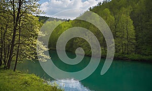 The wide river flows slowly, reflecting the foliage of the trees and the sky, colored in green and blue shades.