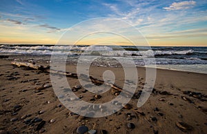 Sunset Beach With Waves On Lake Superior In Michigan