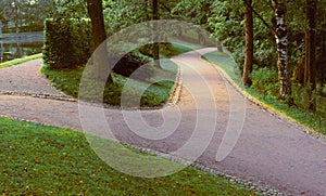 Wide sandy paths in the park, bordered with stone drainage grooves, diverge in different directions