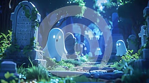 Wide scene of a haunted graveyard, chibi ghosts floating around, tombstones casting long shadows photo