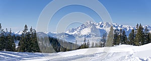 Wide scenic mountain panorama during wintertime in Salzburg Alps, Austria, Europe.