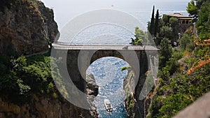 Wide scenic view of Fiordo di Furore Bridge and Mediterranean sea(Fjord of Furore) , unusual beautiful hidden