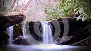 Wide Screen Photo of Waterfall in the Woods Slow Shutter Speed Motion Blurred