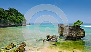 A wide-screen view of a girl standing in the water at padang padang beach in bali photo