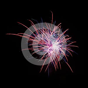 Wide shot of a beautiful fireworks display on a night sky