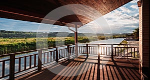 wide shot of of beautiful sunset over river from