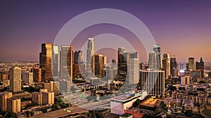 Wide shot of a beautiful urban cityscape under a purple clear sky