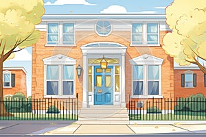 wide shot of a colonial revival houses blue door and fanlight, magazine style illustration