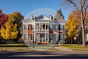 wide shot of a colonial revival mansion focusing on a distinctive fanlight