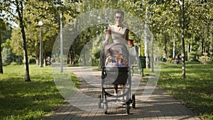 Wide shot of confident elegant businesswoman strolling in summer park with baby carriage. Positive Caucasian beautiful