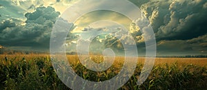 Dramatic clouds over a cornfield at sunset