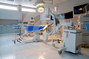 Wide shot of empty operation room with no people and view through clear mirror contain tools and instrument to support for