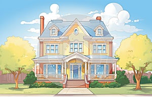 wide shot featuring fanlight of a beautifully restored colonial revival home, magazine style illustration