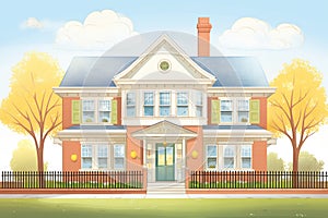 wide shot featuring fanlight of a beautifully restored colonial revival home, magazine style illustration