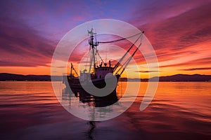 wide shot of fishing trawler silhouette against colorful dusk sky