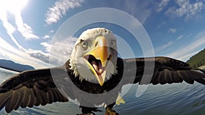 Wide shot of flying bald eagle over outdoor terrain