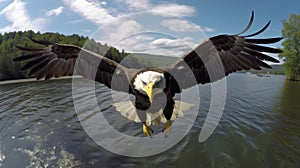 Wide shot of flying bald eagle over outdoor terrain