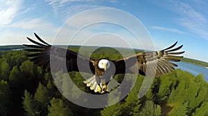 Wide shot of flying bald eagle over outdoor terrain