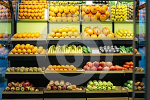 Wide shot of healthful fruits on grocery shelves. Multi-colored apples, pomegranates. tangerines, bananas and avocados