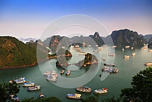 Wide shot, High angle view of Ha Long bay from Tip Top Island