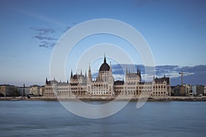 Wide shot of the Hungarian Parliament at twilight