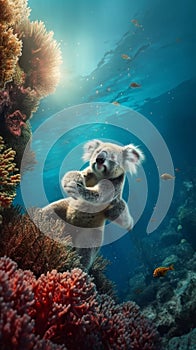 A wide shot of Koala is diving above a big coral reef serendipity generative AI photo