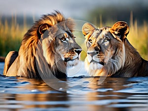 Wide shot of a male and female lion standing in the water and the female getting a fright