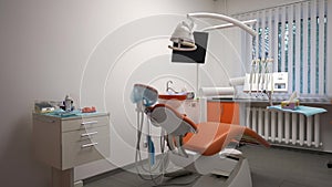 Wide shot modern clean dental office in hospital indoors with no people. Professional equipment in medical clinic