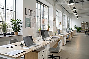 Wide shot of modern office with laptops and computers