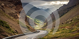 Wide shot of Mountain Pass Mountains windy roads generative AI