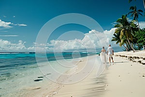 Wide shot of newly wed couple walking on the sandy tropical beach