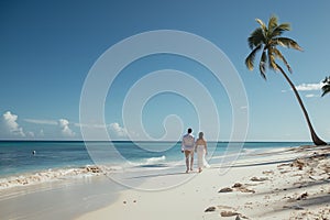 Wide shot of newly wed couple walking on the sandy tropical beach