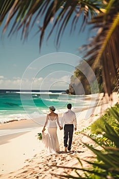 Wide shot of newly wed couple walking on the sandy tropical beach